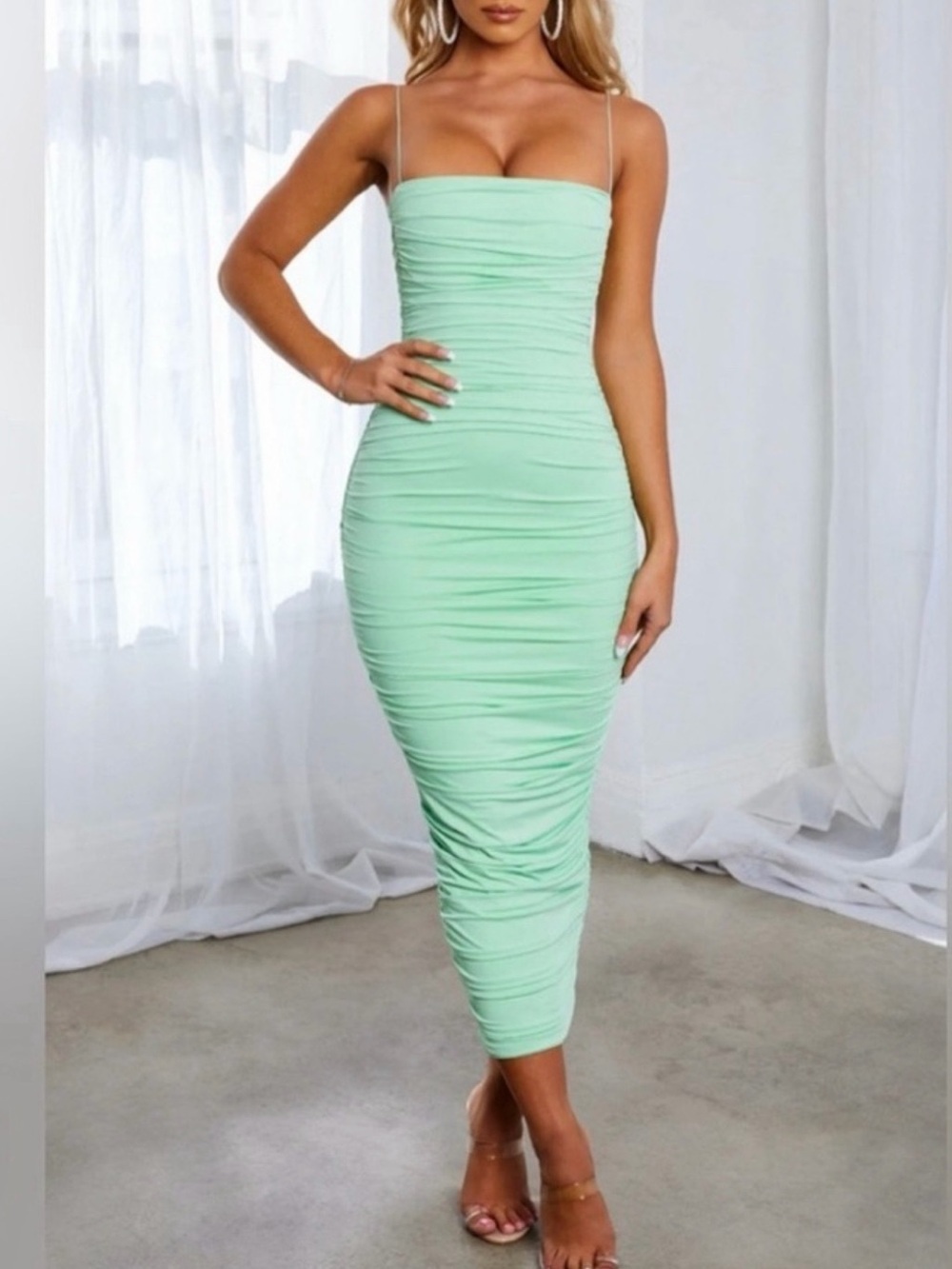 NWT Babyboo Fashion Haven Maxi Dress Mint Green Ruched Mesh Bodycon Size M